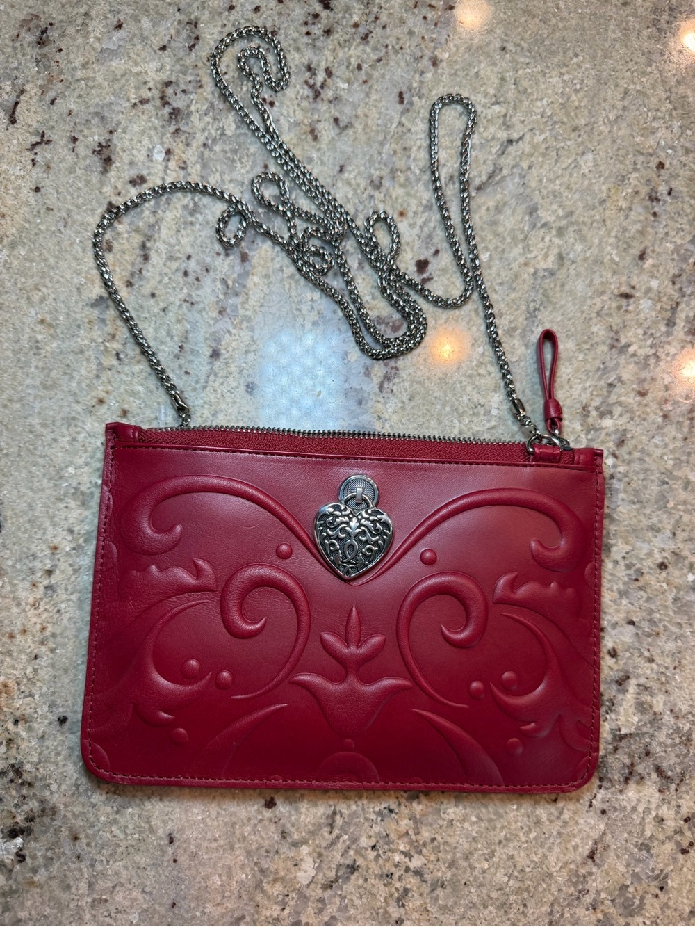 Brighton Red Embossed Leather Crossbody Clutch with Silver Heart Accent